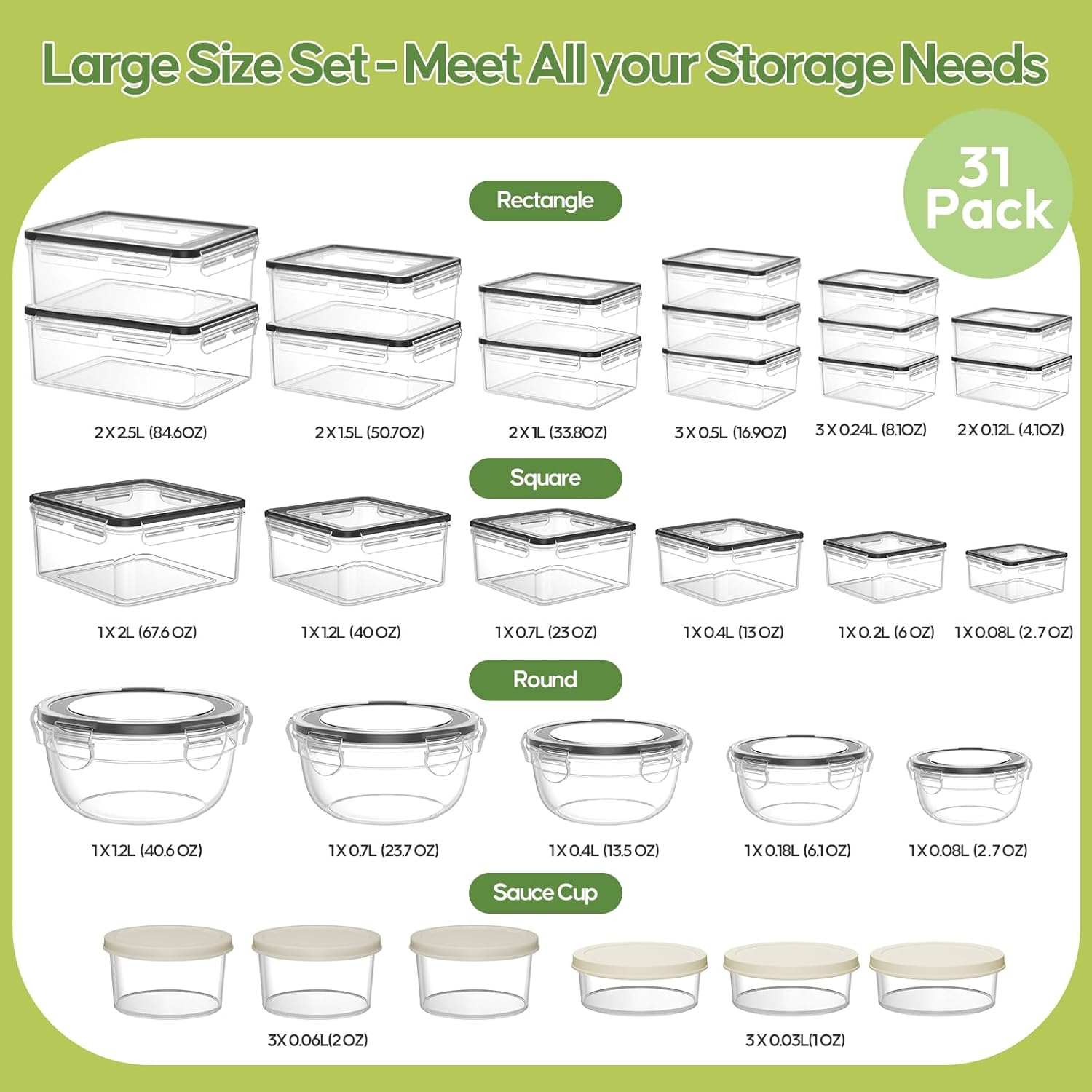 62Pcs Airtight Food Storage Containers with Labels & Lids (31 Containers + 31 Lids) , 85 oz Large Leakproof Meal Prep Containers, Reusable Plastic for Kitchen Organization, Microwave & Dishwasher Safe Utensils Set Flexible