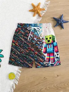 Boys Summer Fashion Shorts Beach Pants, Colorblock Gun Element Pixel Football Player Cartoon Print, Adjustable Drawstring Waistband, Casual Fashionable Shorts
