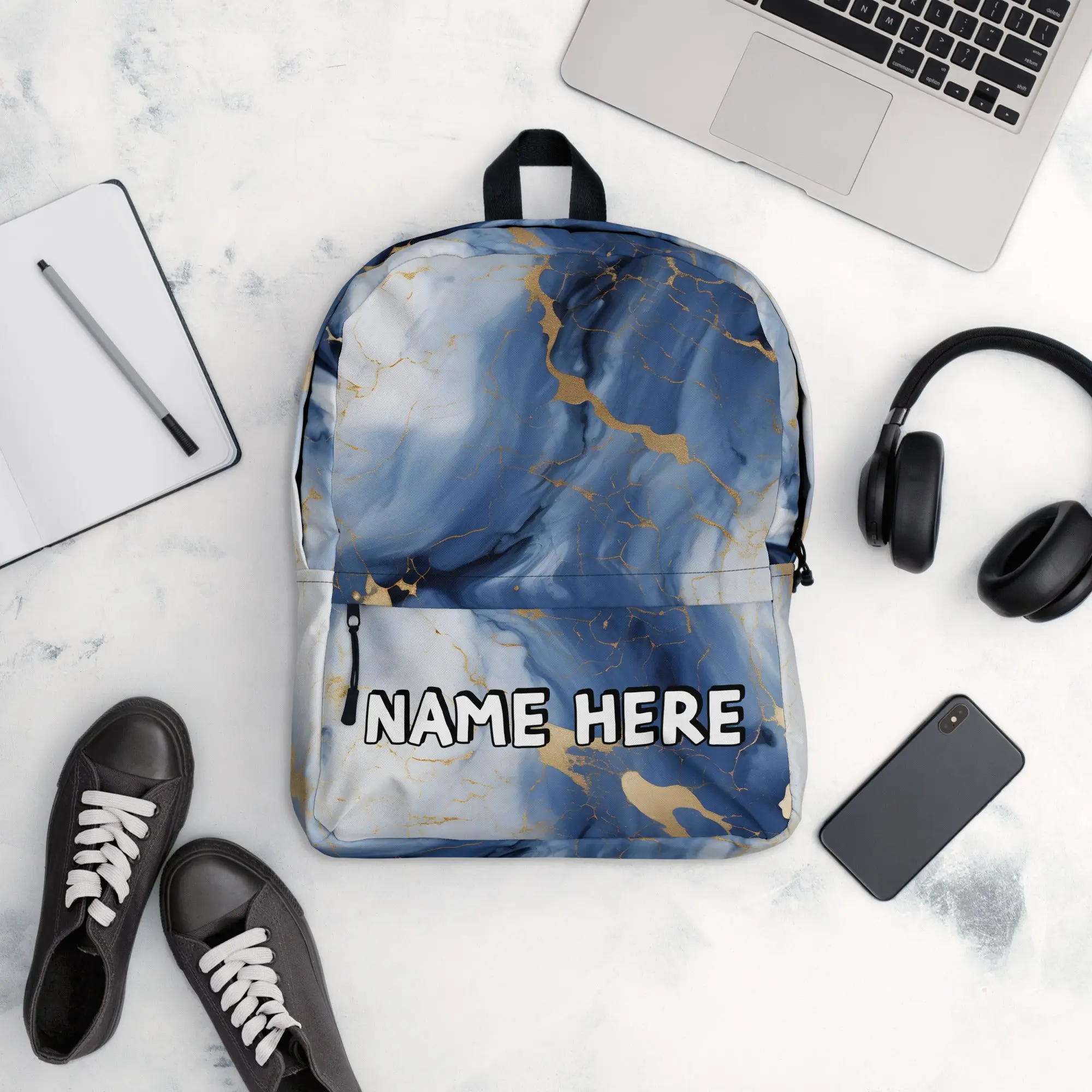 Custom Name Marble Backpack, Personalized Elegant Rucksack, Customized Minimalist School Bag, Abstract Gift, Marble Present