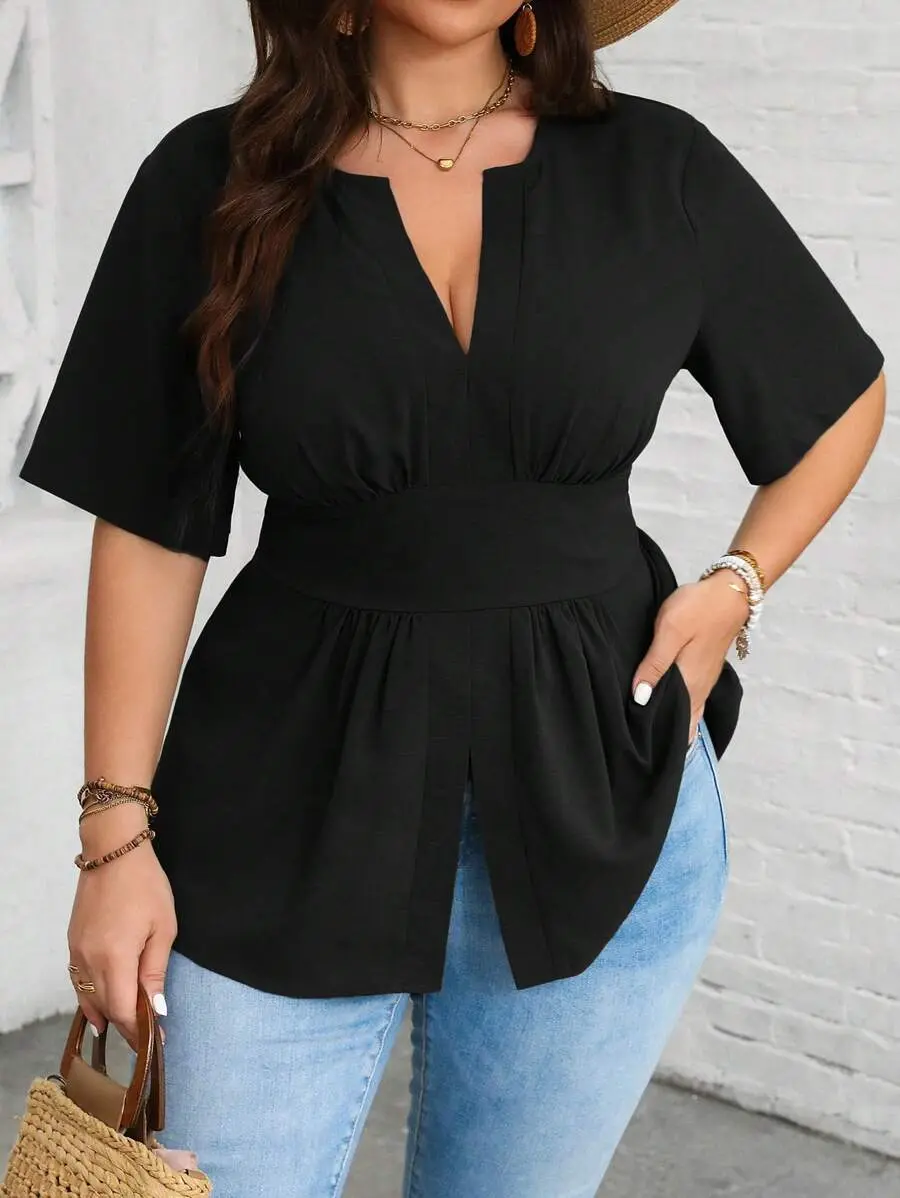 Plus Size Notched V-Neck Shirt With Ruffled Hemline