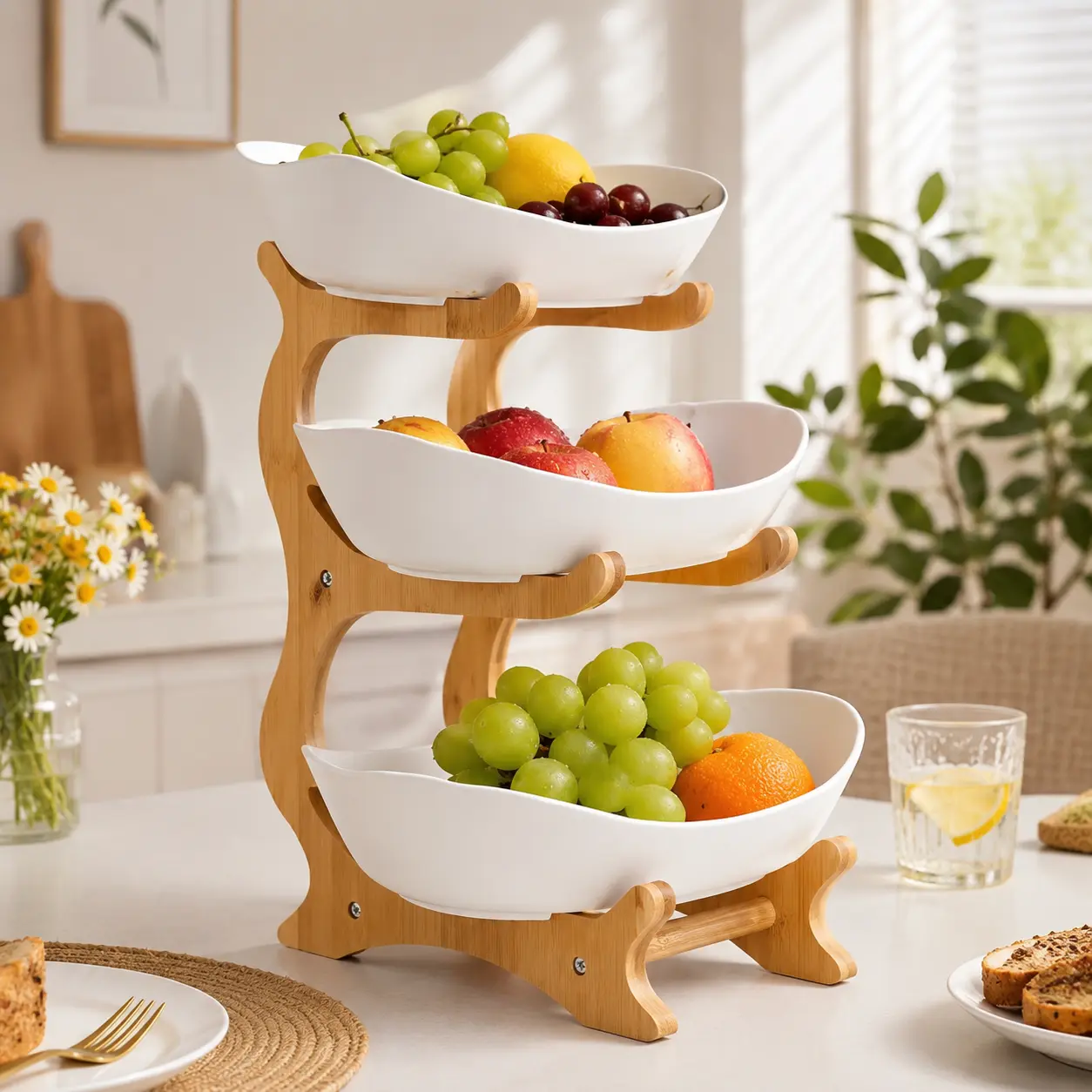 Littleox 3 Tier Fruit Plate and 2 Tier Dessert Stand with Wood-Look Texture, Stylish Tiered Serving Tray for Party Snacks, Bread & Cupcakes, Space-Saving Kitchen Counter Organizer