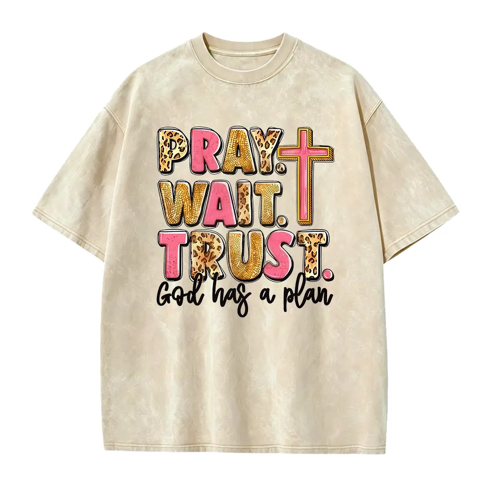 Ladies' Inspirational T-Shirt Featuring The Phrase 'Pray. Wait. Trust. God Has a Plan' - Designed with a Casual Crew Neck, Short Sleeves, Soft Fabric, Regular Fit, Suitable for All Seasons