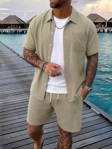 Men's Two-Piece Set Outfit Matching Short Sleeve Shirt & Drawstring Shorts, Casual Summer, Tropical Breathable Woven Fabric, Fitted Style, Menswear