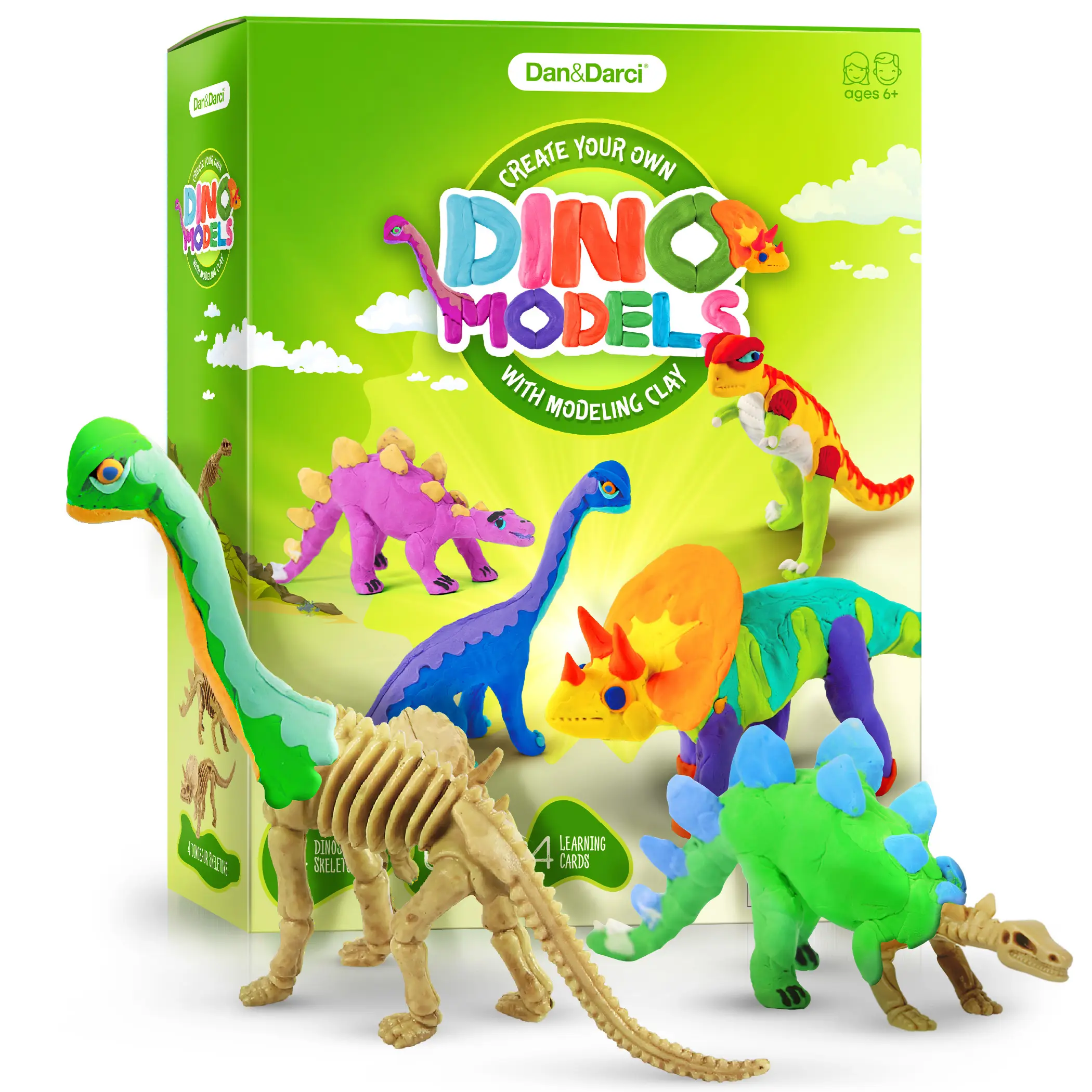 Dan&Darci Create-Your-Own Dino Models Clay Kit - 4 Air-Dry Dinosaur Skeletons, Sculpting Tools, Learning Cards, Durable Drawing Pad, Art Markers Pen for Young Artists Ages 6+ (Educational Science Toy)