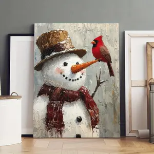2D Flat, 2D Charming Snowman and Red Cartier Canvas Art - Waterproof, Fade-Resistant Wooden Frame Wall Decoration, Featuring Festive Snowman and Bird Design, Perfect for Living Room, Bedroom, Office, etc., Winter Wall Decoration, Perfect for Room Decorati