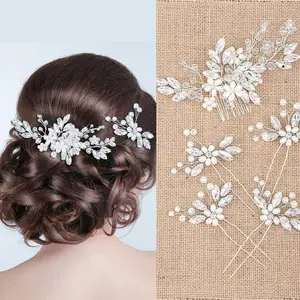 5 Pieces Wedding Hair Comb Bridal Hair Pins Crystal Pearl Hair Accessories Rhinestone Flower Hair Piece for Wedding Bride Women(Silver,Classic Style)