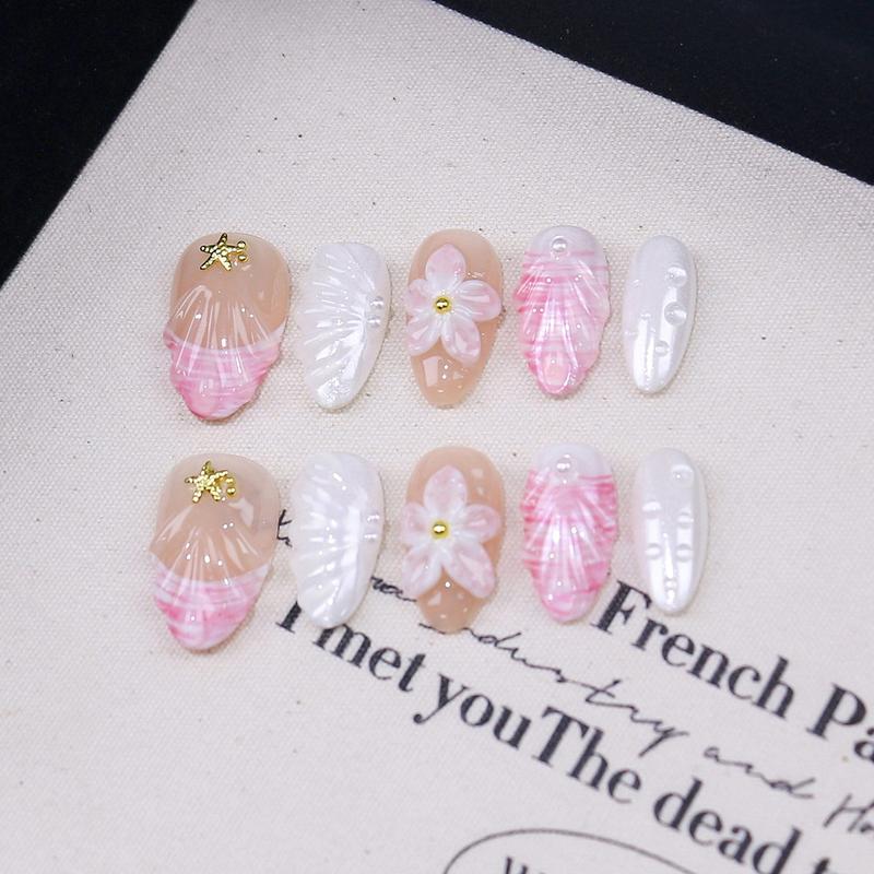 Cherry Press on Nails Almond Handmade Fake Nails with 3D Flower Bow Design Cute 10PCS False Nails Summer Stick on Nails for Women