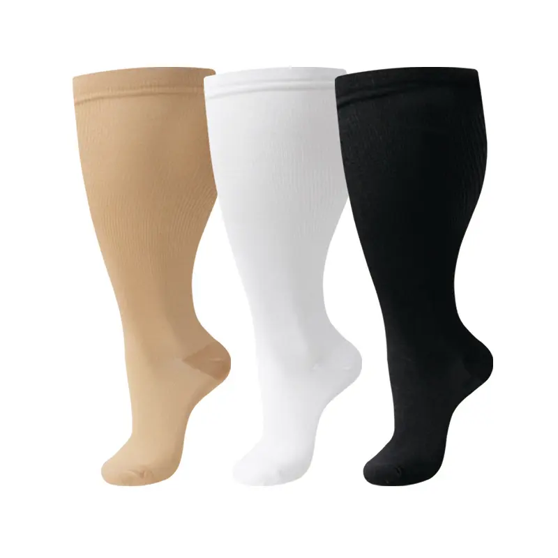 Unisex Plus Size (2XL, 3XL, 4XL) Solid Color Nylon Blend Compression Socks (3 Pairs) - Athletic, Breathable, Calf-Supporting, All Season, Machine Washable for Nurses, Long-Lasting Comfort Stockings, Compression Stockings, Adults