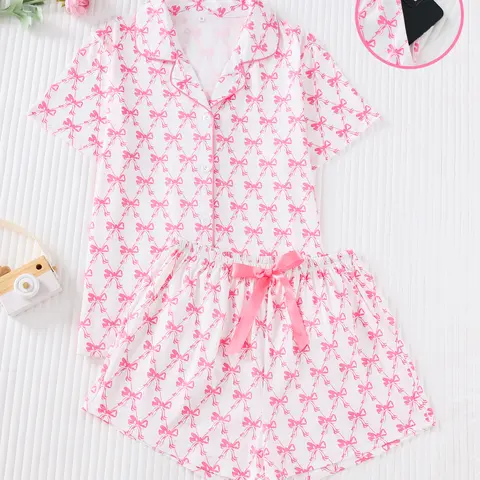 Two-Piece  Pink Bowknot Printed Sleepwear Set - Short-sleeved V-neck Top + Shorts - All-season Nightwear Casual Sleepwear Set - Casual Sleepwear Set - Fashionable Matching Sleepwear - Casual Leisure Sleepwear Set Homewear Pjs Womenswear Loungewear