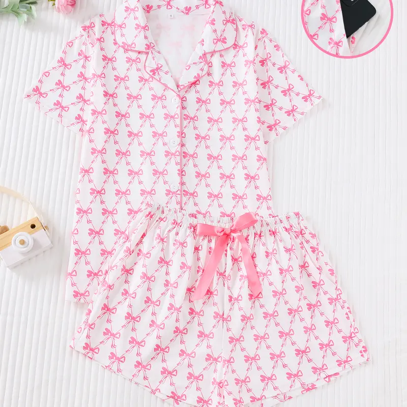 Two-Piece  Pink Bowknot Printed Sleepwear Set - Short-sleeved V-neck Top + Shorts - All-season Nightwear Casual Sleepwear Set - Casual Sleepwear Set - Fashionable Matching Sleepwear - Casual Leisure Sleepwear Set Homewear Pjs Womenswear Loungewear