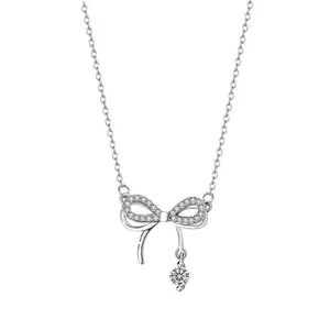 IRAMAT Double-Layer 925 Sterling Silver Bow Pendant Necklace | Elegant Gift for Women | Vintage Charm with Zircon Stones