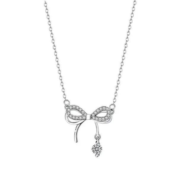 IRAMAT Double-Layer 925 Sterling Silver Bow Pendant Necklace | Elegant Gift for Women | Vintage Charm with Zircon Stones