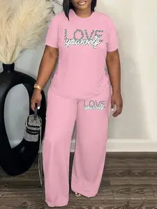 Women's Fashion Leopard Print Love Letter Printed Short Sleeve Top Pocket Wide Leg Pants Two-Piece Set, Casual All-Season