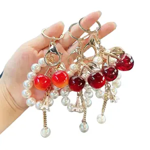 Beaded Y2K Double Cherry Keychain Charm for Women, Cute Glitter Strap Imitation Pearl Bag & Car Key Pendant, Fashion Accessory Gift for Daily Commute & Sweet Style Lovers