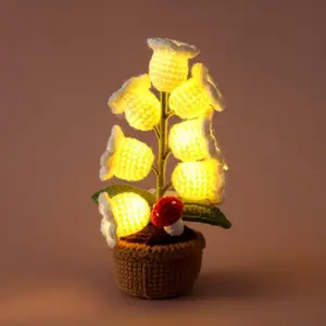 Knitted Lily of the Valley with LED Light, Crochet Artificial Flower with Pot, for Mother's Day Female Birthday Home Decoration
