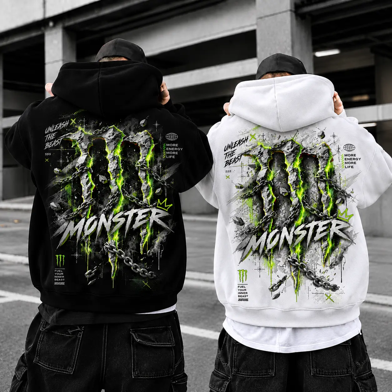 Classic Monster Claw Text Graphic Hoodie, Black and White Heavyweight Fleece Streetwear Sweatshirt, Y2K Aesthetic Streetwear Oversized Shirt