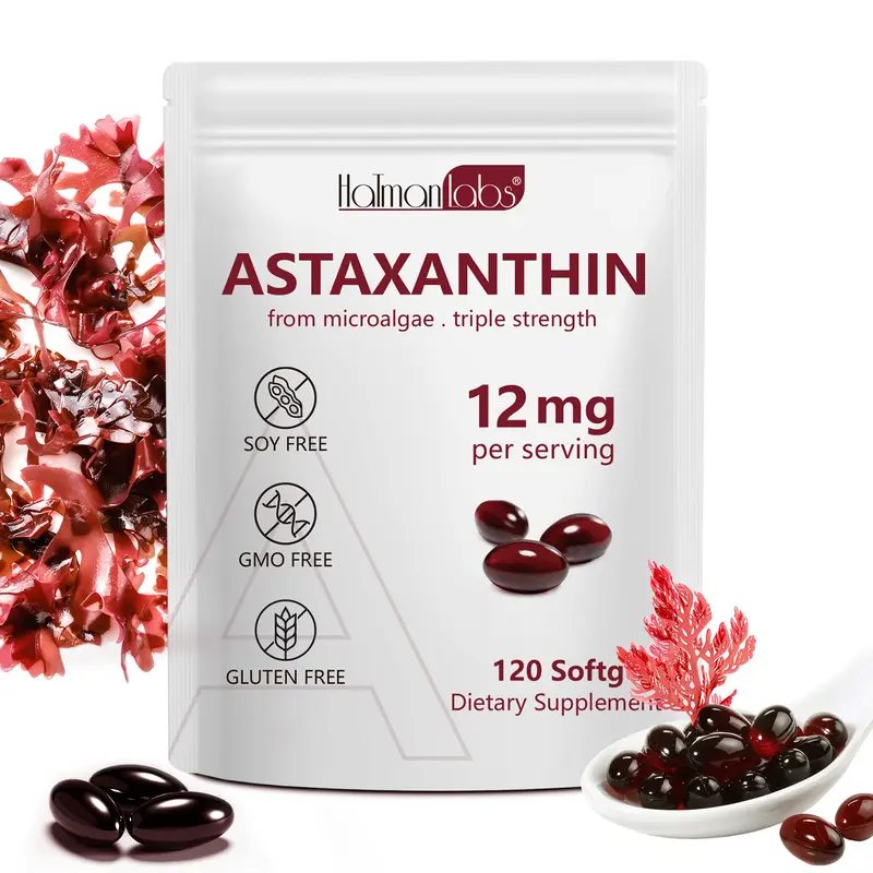 Hatmanlabs Astaxanthin Vitamin Supplement Capsules - Premium Astaxanthin 12mg 120 Softgels, Natural Astaxanthin Antioxidant Supplement, Supports Eye, Skin, Joint, Brain, Heart & Immune System Health, Fresh Microalgae Source