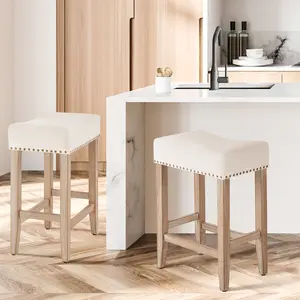 Furnimart 25 Inch Counter Height Bar Stools Set of 2, Backless Saddle Seat Bar Chairs with Metal Legs, Linen Teddy Faux PU Leather Upholstered, Easy Assembly Island Stools for Kitchen Dining Cafe