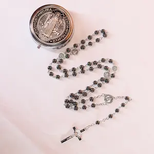 6mm Glass Pearl Rosary Beads Catholic for Women, Hematite Stone Saint Benedict Rosary, Bead Necklace First Communion Gifts with Metal Gift Box