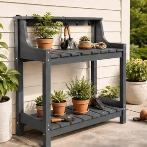 ARCH Grey HDPE All-Weather Outdoor Potting Bench Table with Storage Shelves, 43.3" Tall Ergonomic Garden Workstation for Patio Backyard, Multi-Tier Wood-Grain Texture Potting Table, Easy Clean, UV-Resistant, 220 lbs Capacity, Gray Color Options