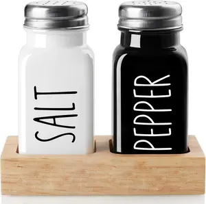 Salt and Pepper Shakers Set with Holder - Dopeca Glass Salt Shaker with Wood Caddy for Kitchen Counter or Table - Black and White Kitchen Decor and Wedding Gifts -2.7 oz