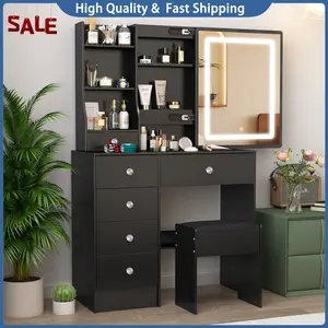 Dressing Table w/ LED Sliding Mirror & 6 Drawers Vanity Makeup Desk Stool Black