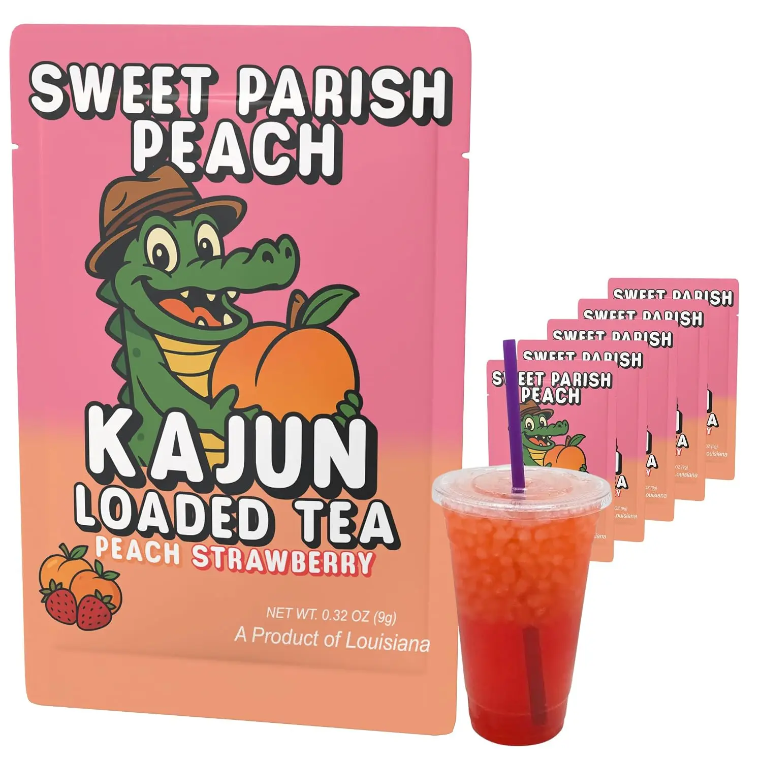 Kajun Loaded Tea Packets - Sweet Parish Peach Sugar-Free Energy Hydration Powder, 250mg Caffeine, 0-Calorie Keto Drink Mix