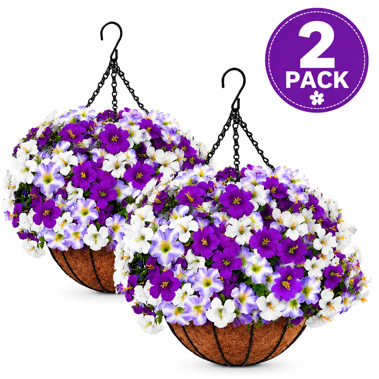 TikTok Viral 2Pcs Artificial Flower Baskets - UV Resistant Purple White Petunias, No Watering, Perfect Low-Effort Outdoor Decor Hack
