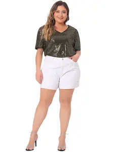 Agnes Orinda Plus Size Sequin Tops for Women Sparkly V Neck Short Sleeve Party Tops Blouses