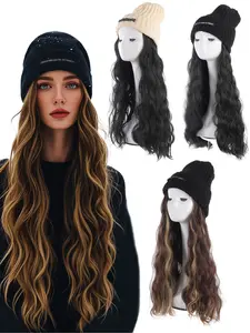 Long Curly Wave Hat Wig, Synthetic Wig with Elastic Knitted Cap, Natural Look, Medium Length, All Seasons, Basics Style, Synthetic Curly Wigs