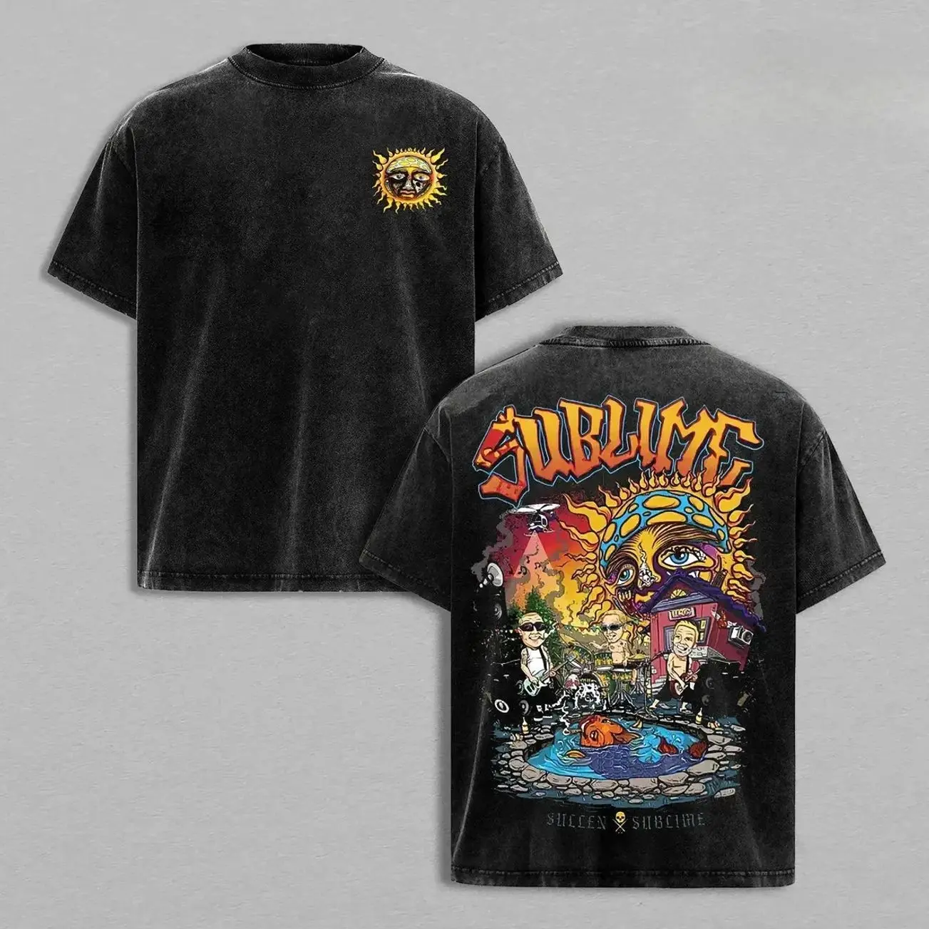 Men's Unisex Vintage Sublime Rock Band Round Neck Short-Sleeve Washed Tshirt - Casual Graphic Top, Artwork Tee, Streetwear Loose Menswear Top with Retro Music Print for Rock Fans BR9