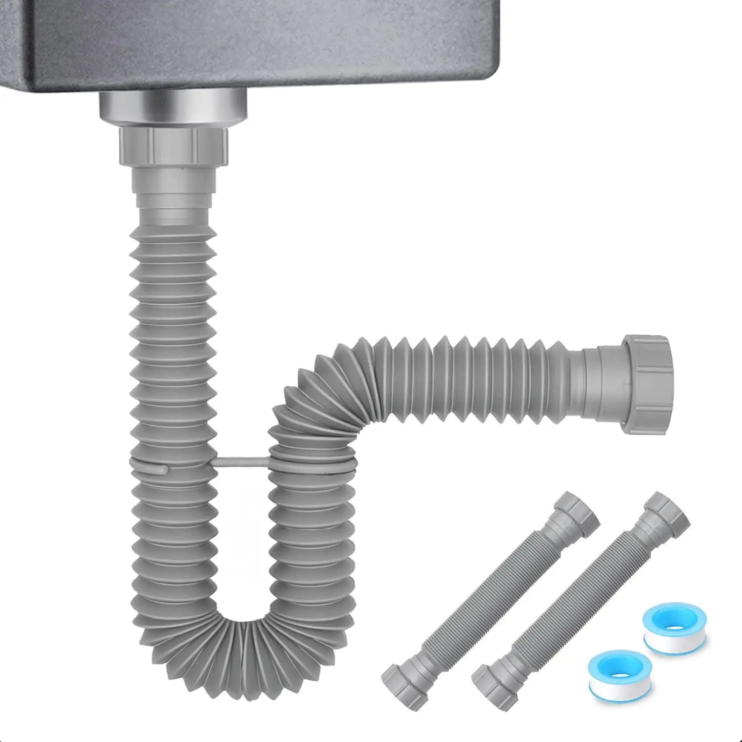 Flexible Sink Drain Pipe, 1-1/2 P-trap with Adapter, Expandable Tubular Drain Tubing, Adjustable P Trap for Kitchen Sink & Garbage Disposal