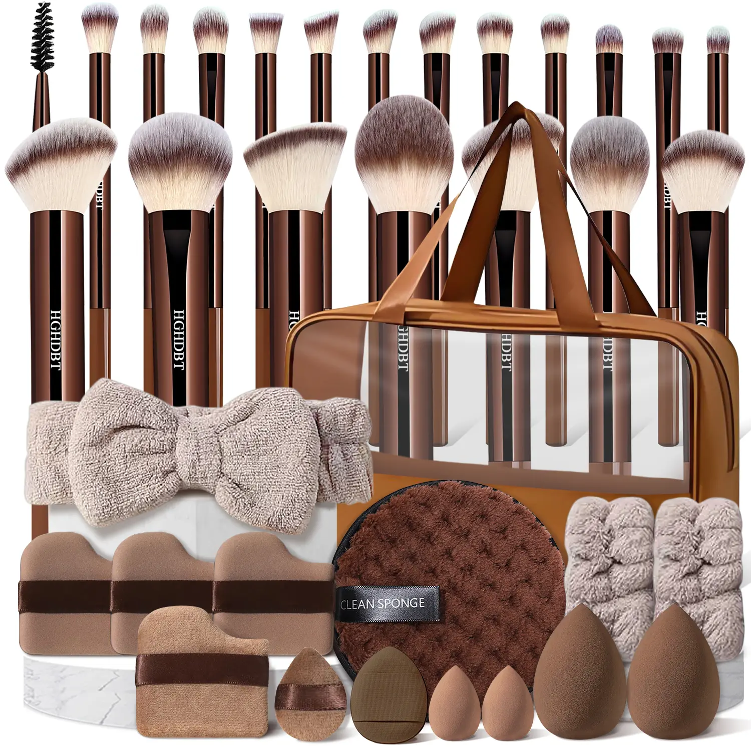 Premium Brown Makeup Brushes Set 35Pcs Makeup Tools Set Includes 20Pcs Multifunctional Make up Brushes Kit & Makeup Sponges Set & Storage Bag, Cleaning Sponge, Headband, Wristbands, Facial Make up Brush Kit for Women