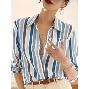 Women's Casual Striped Printed Shirt, Turn-down Collar Design, Long Sleeve, Spring Summer Autumn Clothing Top Womenswear