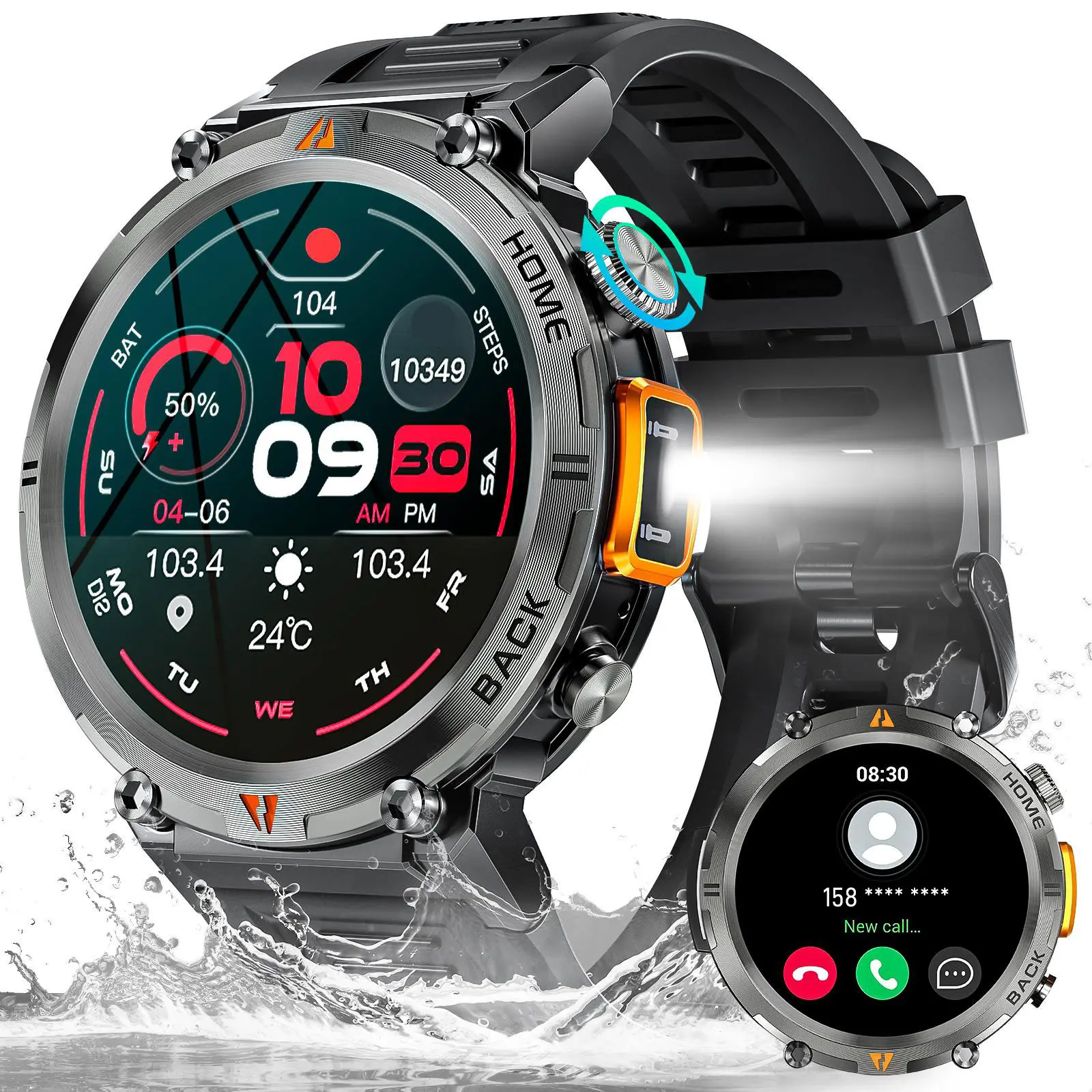EIGIIS KE3 Men's Smart Watch Wearable Device - 1.45'' HD Screen, LED Flashlight, Call Answer/Make, 110+ Sports Modes, Magnetic Charging, Music Player, Voice Control, Android Compatible Electronic Christmas Gift