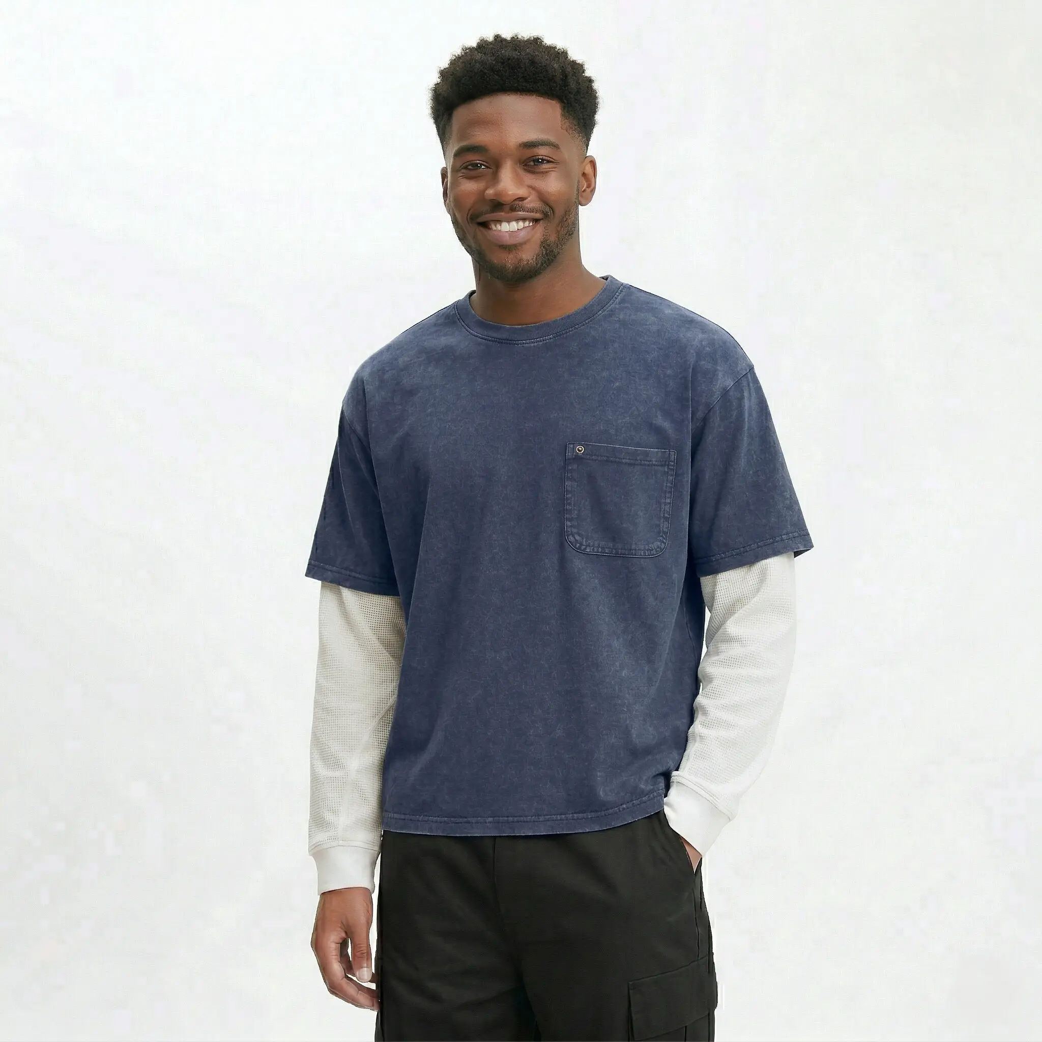 HL High Level Men's T-Shirt, Vintage Stonewashed Heavyweight Cotton Streetwear Top with Double-Layer Long Sleeves and a Boxy Cropped Fit, Tee, Baggy, Casual, Menswear, Pocket, Plain, Polyester, Boxy Loose, Cotton/Poly, Crew Neck, Double Layers