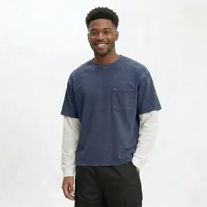 HL High Level Men's Polyester Vintage Long Sleeve T-Shirt - Baggy Oversized, Double Layer Cropped Boxy Top, Navy with Stonewashed Contrast Sleeves, Heavyweight Drop Shoulder, Streetwear Aesthetic, Pocket