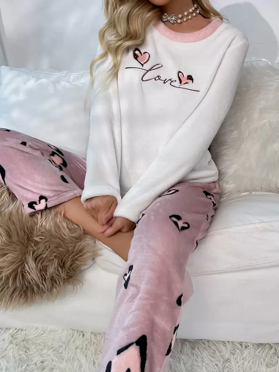 Women's Heart and Letter Embroidered Flannelette 2-Piece Pajama Set