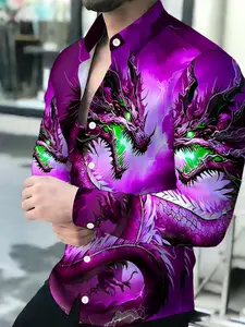 Men's Purple Lightning Dragon Print Breathable Lapel Long Sleeve Cardigan