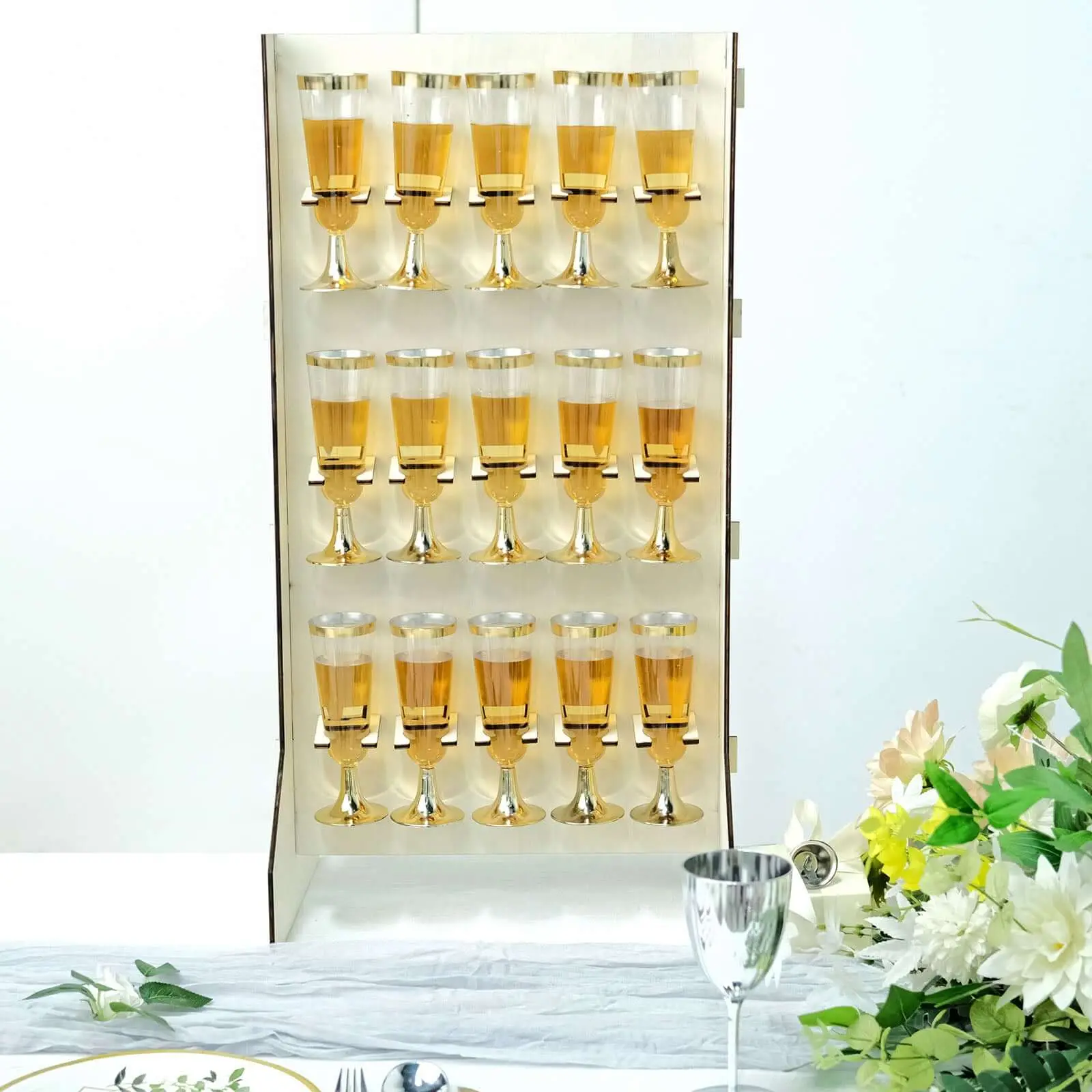 3-Layer White Wooden Rectangle Champagne Holder - Floor-Standing 15-Stemware Rack, Beverage Organizer for Rustic Themes, Birthday Parties, Baby Showers, Birthday Party, Three Layers