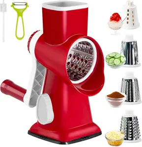 Cheese Grater,Rotary Cheese Grater with Handle, Multifunctional Rotary Cheese Shredder Effortlessly Grates Cheese, Vegetables, and Fruits (Red)