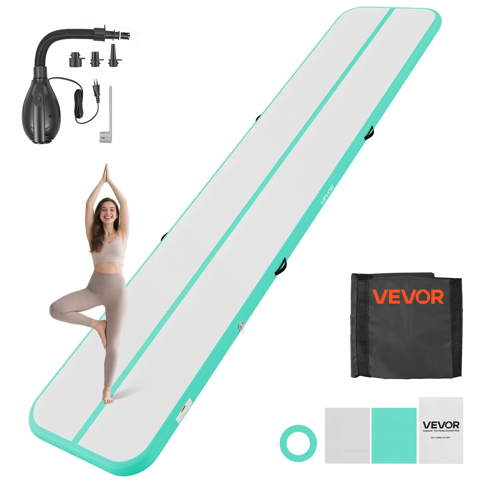 【SummerFinds】VEVOR Inflatable Gymnastics Air Mat 16.4 ft Training Mats w/ Electric Pump, 4 inches Thick Sturdy Tumble Track, Tumbling Mat for Home Use/Gym/Outdoor/Yoga/Cheerleading/Beach/Park/Water, Mint Green