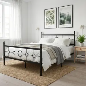 Vintage Circular Headboard Heavy Duty Iron Platform Bed Frame – King/Full/Queen/Twin, Noise Free, No Box Spring Needed, Black