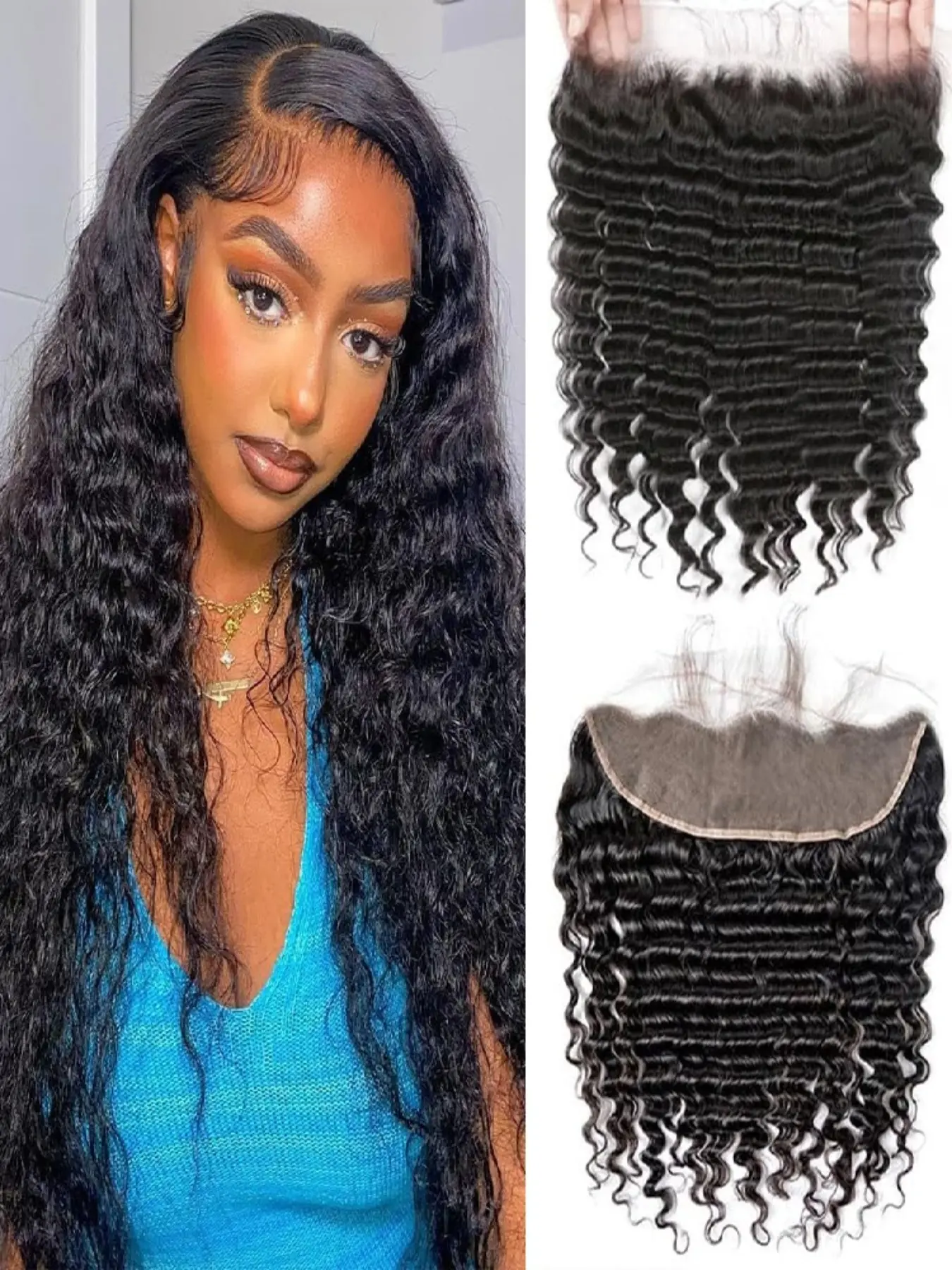 Deep Wave Frontal Hairpiece 13x4, High Definition Transparent Lace Frontal, 100% Virgin Human Hair, Free Parting, Natural