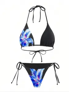 Women's Floral Print Bikini Set, Tie-Up Triangle Top And Tie-Side Triangle Bottom, Summer 2pcs Sexy Women's Triangle Cup Halter Asymmetric  Solid Color Bikini Swimwear Set Summer, Flower Print Bikini