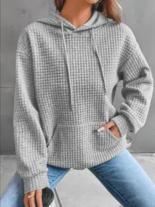 Women's Plain Textured Drawstring Drop Shoulder Hoodie, Casual Pocket Long Sleeve Hooded Sweatshirt For Fall & Winter, Women's Clothes For Daily WearGift