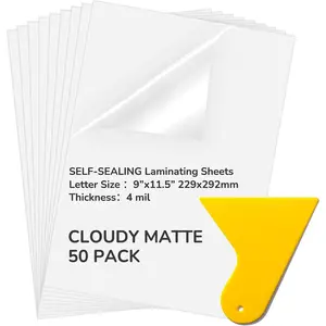 50 Pack Matte Self Adhesive Laminating Sheets, 9 x 11.5 Inches, 4 Mil Thick for Letter Size 8.5 x 11 Matte Finish Self Lamination Sealing Sheets, No Heat Laminating Sheet, with Scraper