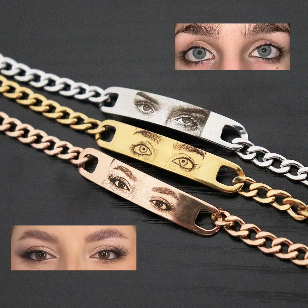 Customized Po Engraved Couple Bracelet Personalized Laser Engraved Eye Picture On Stainless Steel Chain Jewelry Couples Gifts