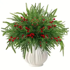 21-45 Pcs Christmas Norfolk Pine Branches with Red Berry Stems- 14" Artificial Greenery Norfolk Pine Stems Sprigs- Fake Foliage Pine Needles Picks for DIY Craft Garland Home Decoration