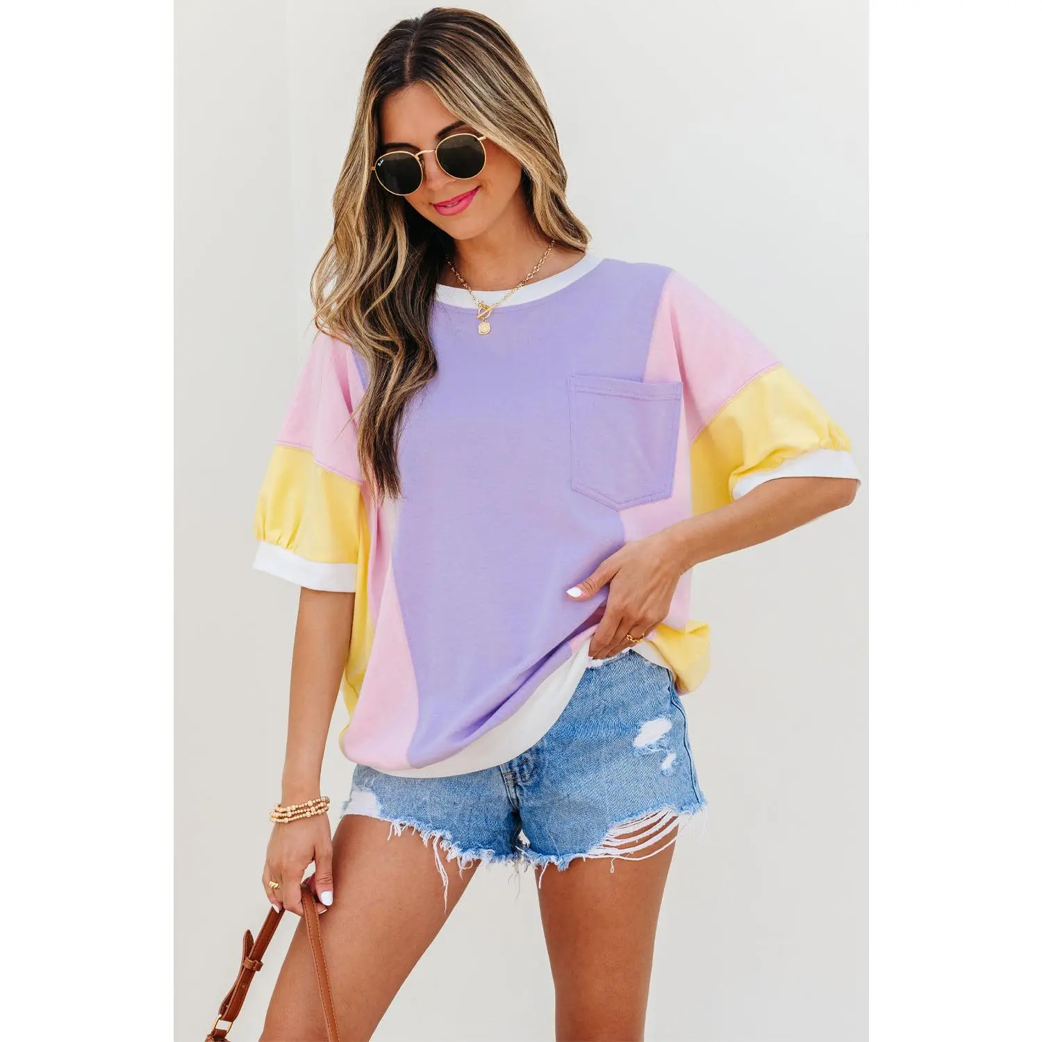 Purple Color Block Patchwork Half Sleeve Oversized T Shirt